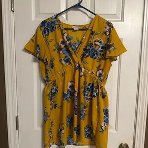 Elegant Mustard Floral V-Neck Blouse